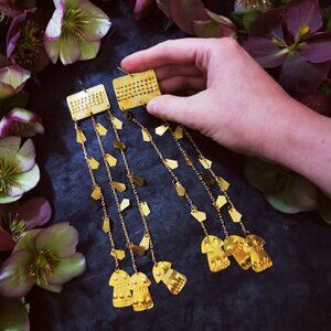 Artisanal Handmade ~ Long Brass Goddess earrings ~ like new